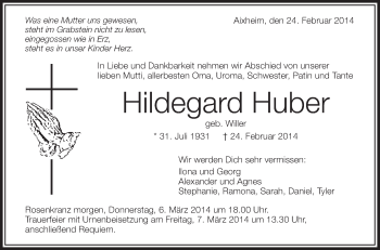Anzeige von Hildegard Huber von Schwäbische Zeitung