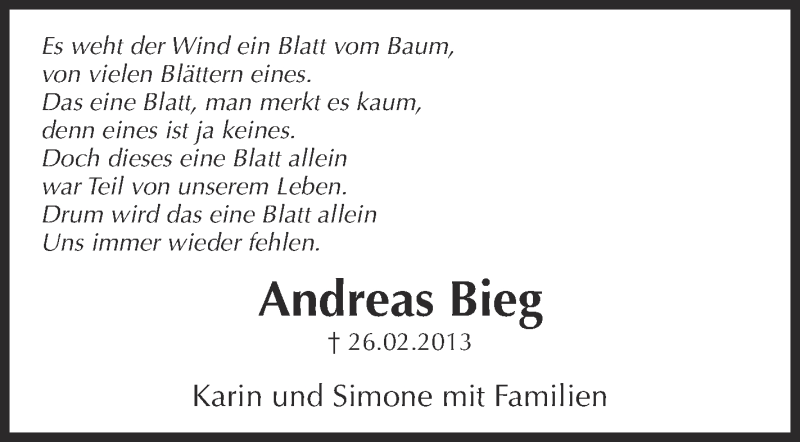  Traueranzeige für Andreas Bieg vom 26.02.2014 aus Schwäbische Zeitung