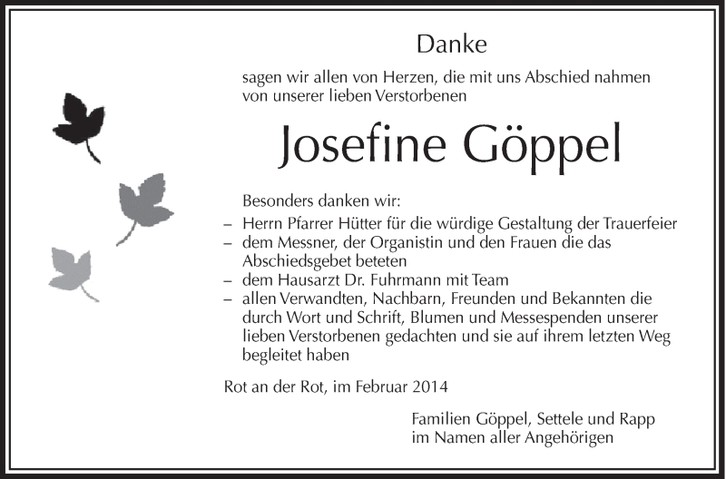  Traueranzeige für Josefine Göppel vom 05.03.2014 aus Schwäbische Zeitung