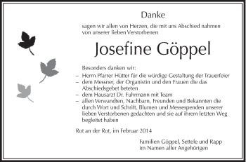 Anzeige von Josefine Göppel von Schwäbische Zeitung