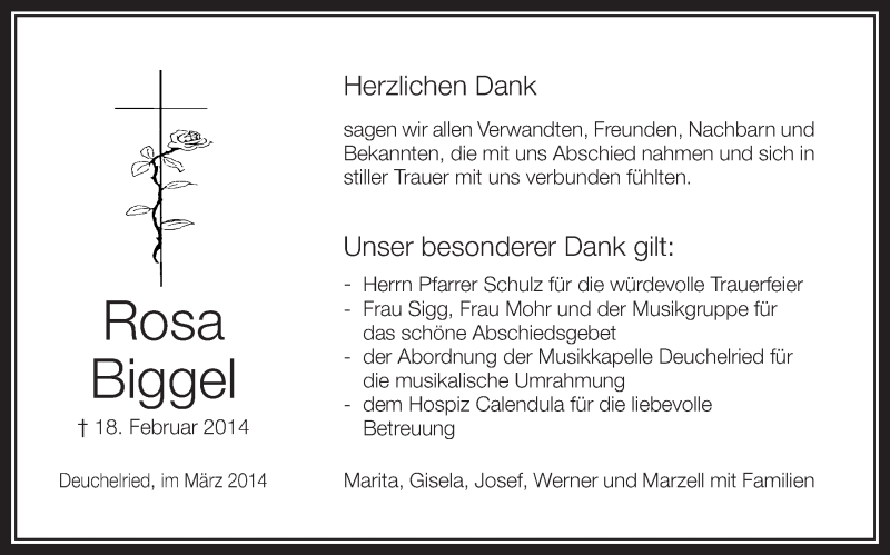  Traueranzeige für Rosa Biggel vom 01.03.2014 aus Schwäbische Zeitung