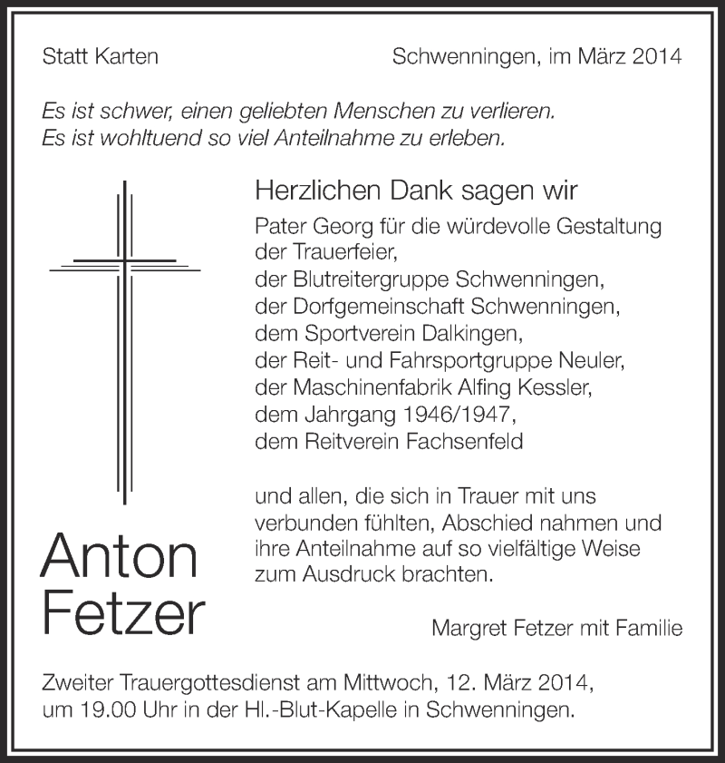  Traueranzeige für Anton Fetzer vom 08.03.2014 aus Schwäbische Zeitung