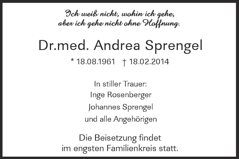  Traueranzeige für Andrea Sprengel vom 03.03.2014 aus Schwäbische Zeitung