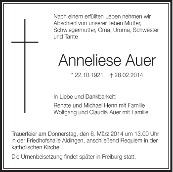 Anzeige von Anneliese Auer von Schwäbische Zeitung