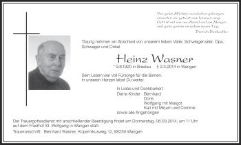 Anzeige von Heinz Wasner von Schwäbische Zeitung