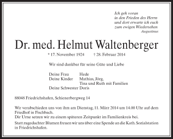Anzeige von Helmut Waltenberger von Schwäbische Zeitung