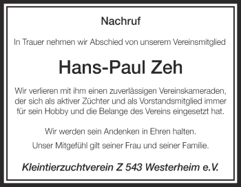 Anzeige von Hans-Paul Zeh von Schwäbische Zeitung
