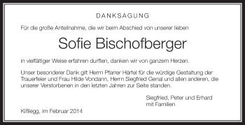 Anzeige von Sofie Bischofberger von Schwäbische Zeitung