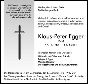 Anzeige von Klaus-Peter Egger von Schwäbische Zeitung