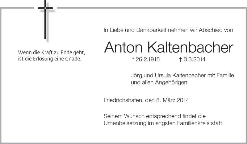 Traueranzeige für Anton Kaltenbacher vom 08.03.2014 aus Schwäbische Zeitung