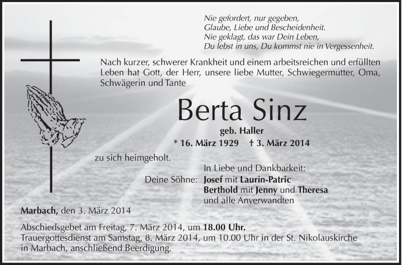  Traueranzeige für Berta Sinz vom 06.03.2014 aus Schwäbische Zeitung