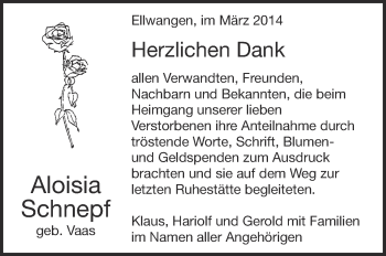 Anzeige von Aloisia Schnepf von Schwäbische Zeitung