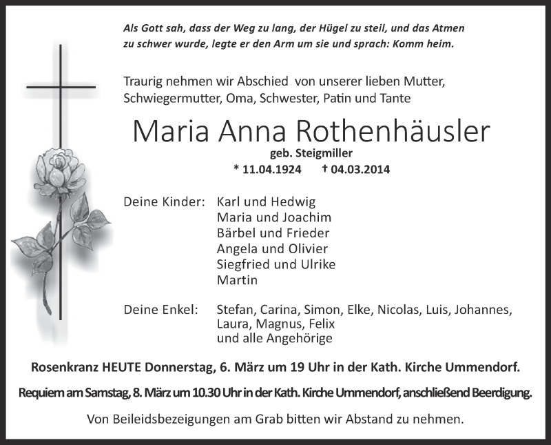  Traueranzeige für Maria Anna Rothenhäusler vom 06.03.2014 aus Schwäbische Zeitung