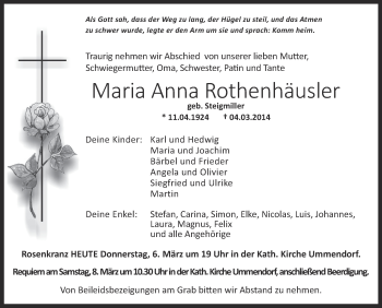 Anzeige von Maria Anna Rothenhäusler von Schwäbische Zeitung