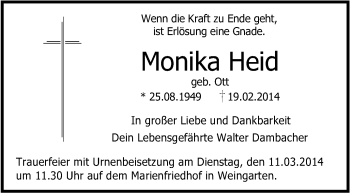 Anzeige von Monika Heid von Schwäbische Zeitung