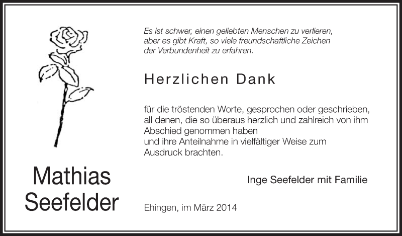 Traueranzeige für Mathias Seefelder vom 08.03.2014 aus Schwäbische Zeitung