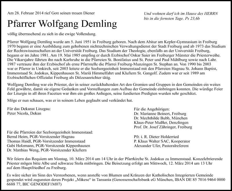  Traueranzeige für Wolfgang Demling vom 07.03.2014 aus Schwäbische Zeitung
