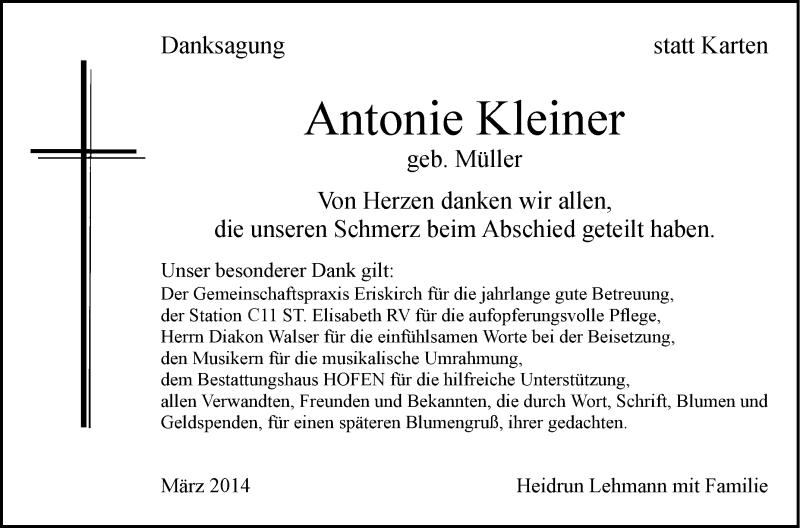  Traueranzeige für Antonie Kleiner vom 07.03.2014 aus Schwäbische Zeitung