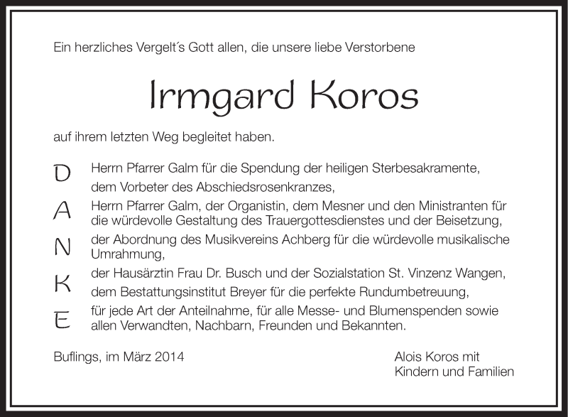 Traueranzeige für Irmgard Koros vom 08.03.2014 aus Schwäbische Zeitung