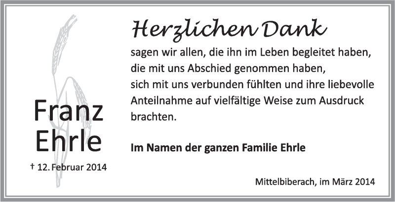  Traueranzeige für Franz Ehrle vom 08.03.2014 aus Schwäbische Zeitung