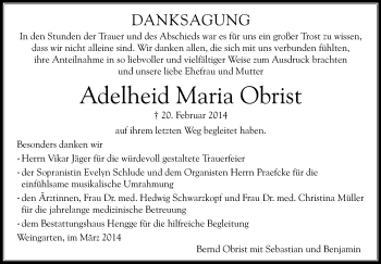 Anzeige von Adelheid Maria von Schwäbische Zeitung