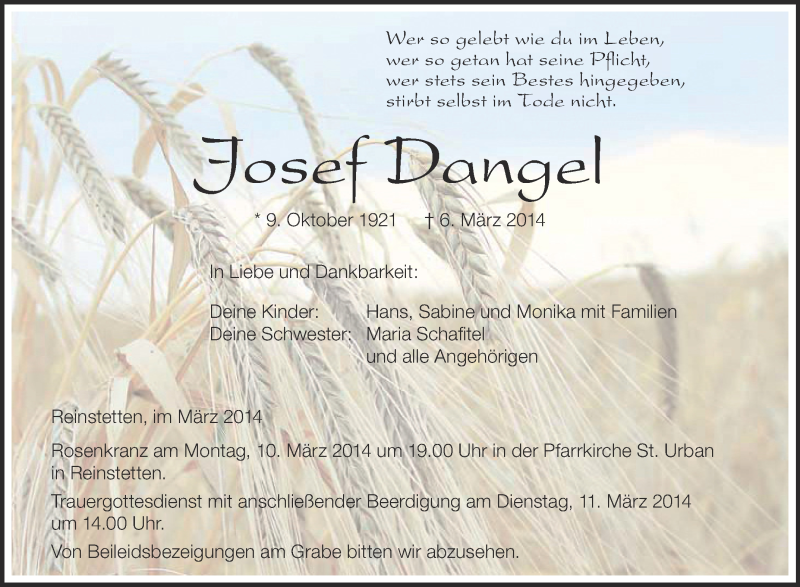  Traueranzeige für Josef Dangel vom 08.03.2014 aus Schwäbische Zeitung