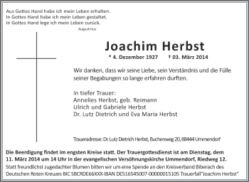 Anzeige von Joachim Herbst von Schwäbische Zeitung