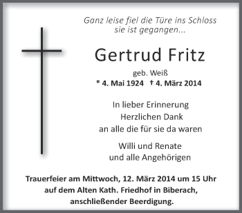 Anzeige von Gertrud Fritz von Schwäbische Zeitung