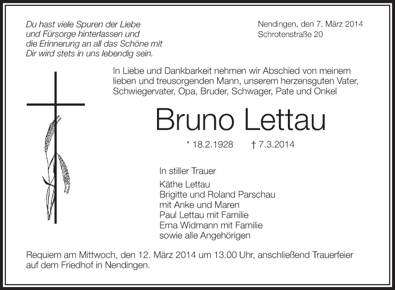  Traueranzeige für Bruno Lettau vom 11.03.2014 aus Schwäbische Zeitung