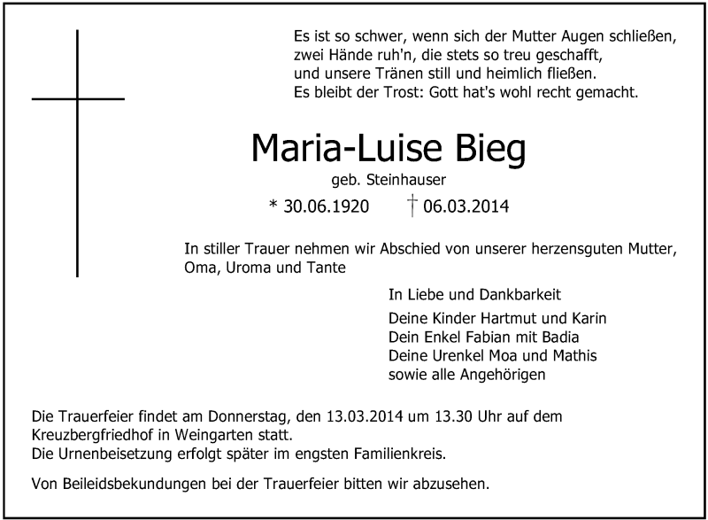  Traueranzeige für Maria-Luise Bieg vom 11.03.2014 aus Schwäbische Zeitung