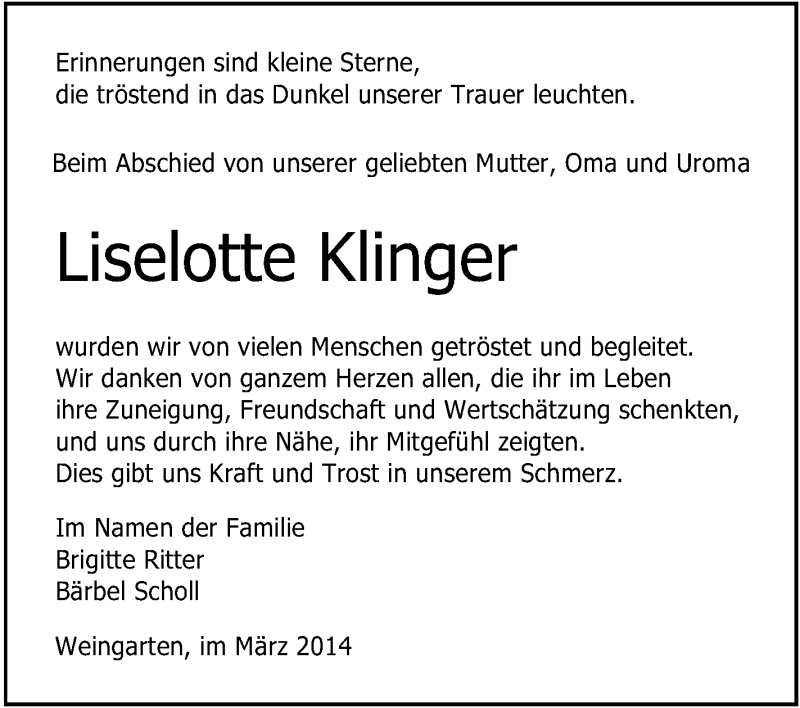  Traueranzeige für Liselotte Klinger vom 14.03.2014 aus Schwäbische Zeitung