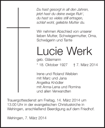 Anzeige von Lucie Werk von Schwäbische Zeitung