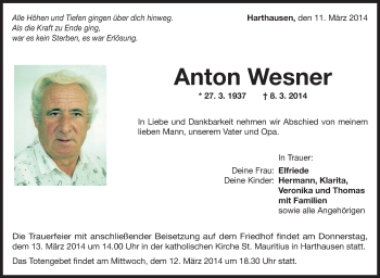 Anzeige von Anton Wesner von Schwäbische Zeitung