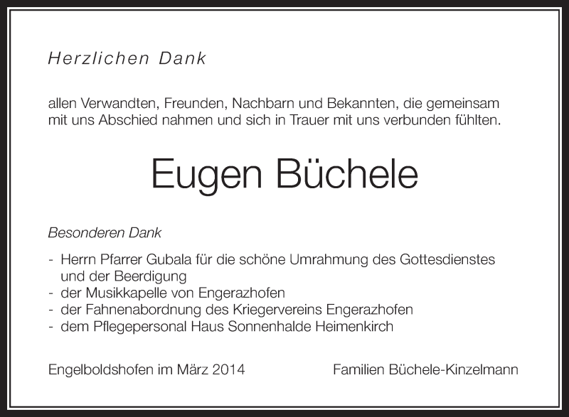  Traueranzeige für Eugen Büchele vom 12.03.2014 aus Schwäbische Zeitung