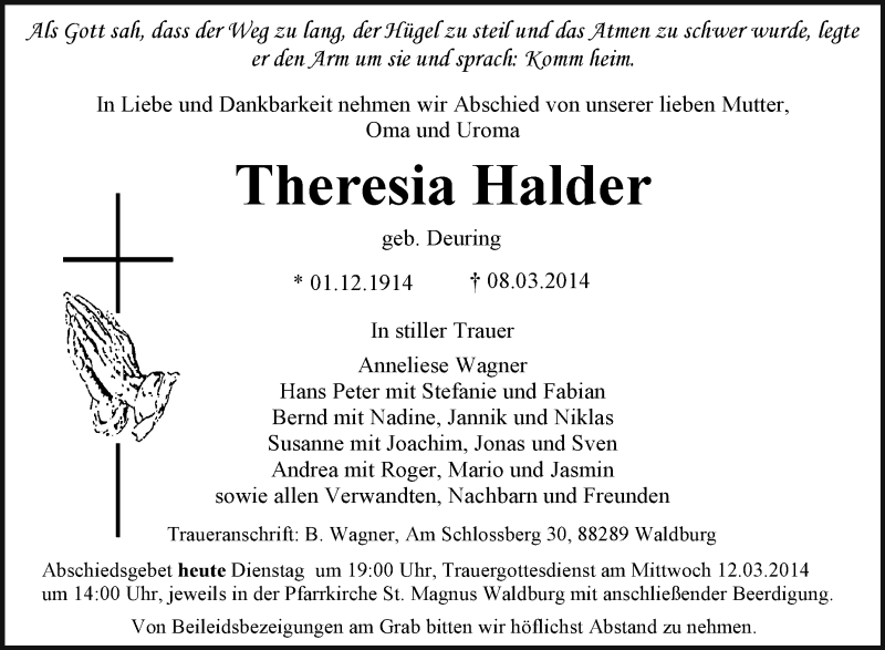 Traueranzeige für Theresia Halder vom 11.03.2014 aus Schwäbische Zeitung
