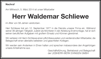 Anzeige von Waldemar Schliewe von Schwäbische Zeitung