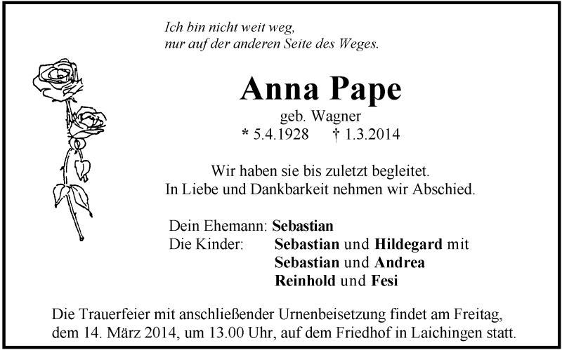  Traueranzeige für Anna Pape vom 12.03.2014 aus Schwäbische Zeitung