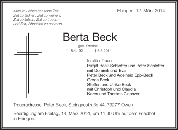Anzeige von Berta Beck von Schwäbische Zeitung