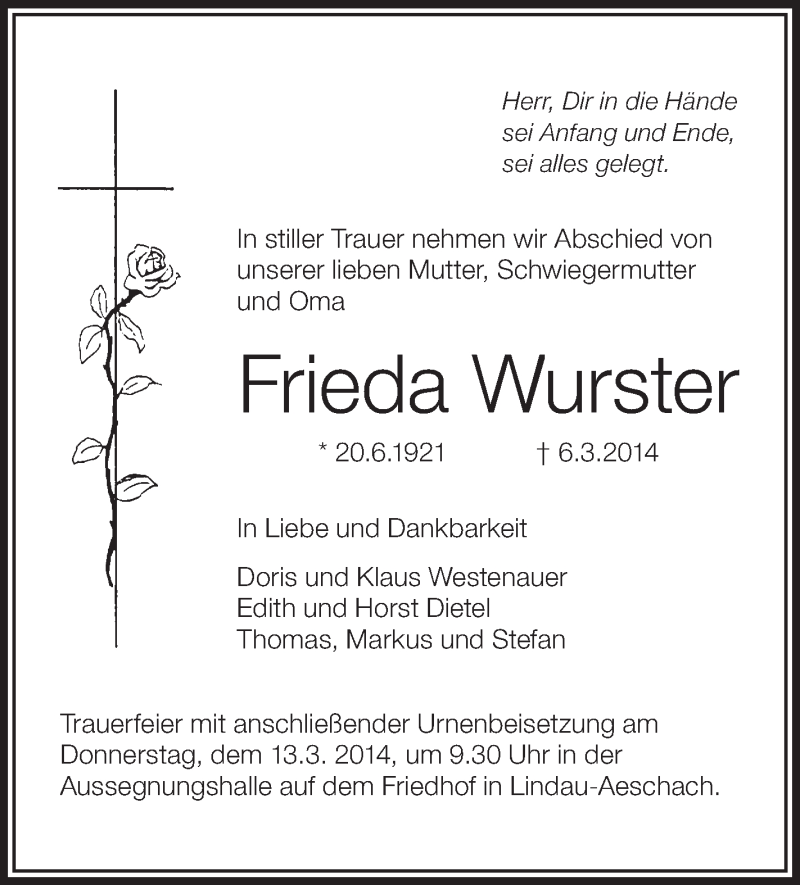  Traueranzeige für Frieda Wurster vom 12.03.2014 aus Schwäbische Zeitung