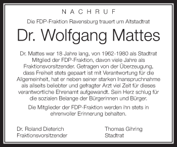 Anzeige von Wolfgang Mattes von Schwäbische Zeitung