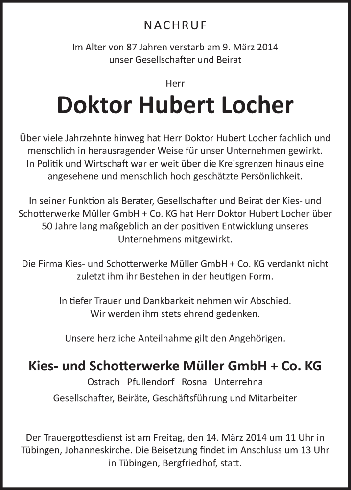  Traueranzeige für Hubert Locher vom 12.03.2014 aus Schwäbische Zeitung