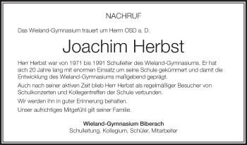 Anzeige von Joachim Herbst von Schwäbische Zeitung