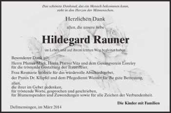 Anzeige von Hildegard Rauner von Schwäbische Zeitung