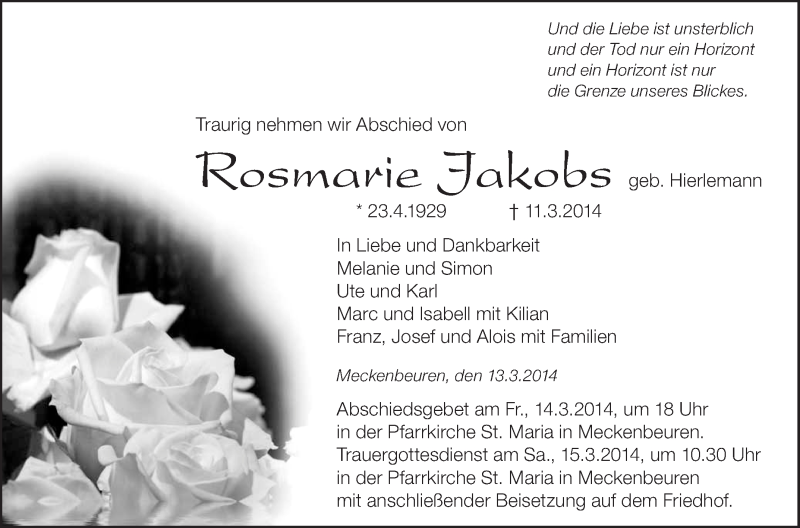  Traueranzeige für Rosmarie Jakobs vom 13.03.2014 aus Schwäbische Zeitung