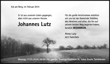 Anzeige von Johannes Lutz von Schwäbische Zeitung