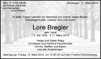 Anzeige von Lore Bregler von Schwäbische Zeitung