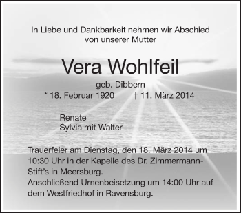Anzeige von Vera Wohlfeil von Schwäbische Zeitung