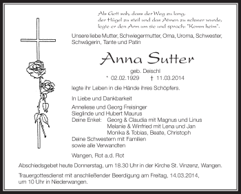 Anzeige von Anna Sutter von Schwäbische Zeitung