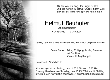Anzeige von Helmut Bauhofer von Schwäbische Zeitung