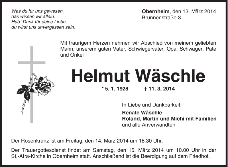  Traueranzeige für Helmut Wäschle vom 13.03.2014 aus Schwäbische Zeitung
